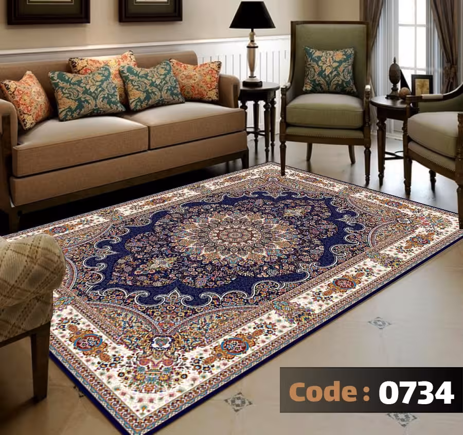 کاورفرش روفرشی دورکشدار گوشه لیفه ای لاکی ، آبی و متنوع کد 0734