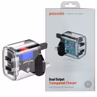 آداپتور شارژر دو پورت 3پین Porodo Dual Output Transparent Charger With 2.4A Auto ID UK