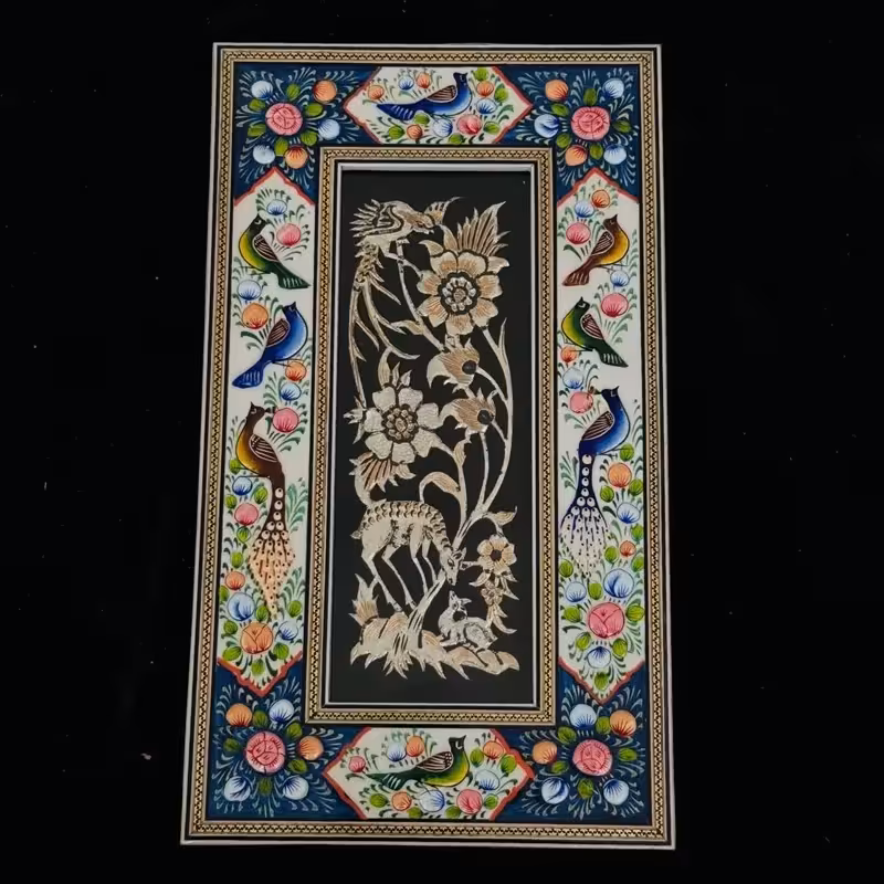 تابلو قلمزنی رومیزی با قاب خاتم کاری گل و بلبل 20در35 یک
