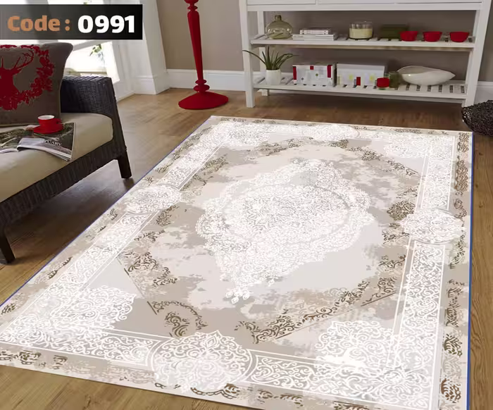 کاورفرش روفرشی دورکشدار گوشه لیفه ای طوسی کرم کد 0991