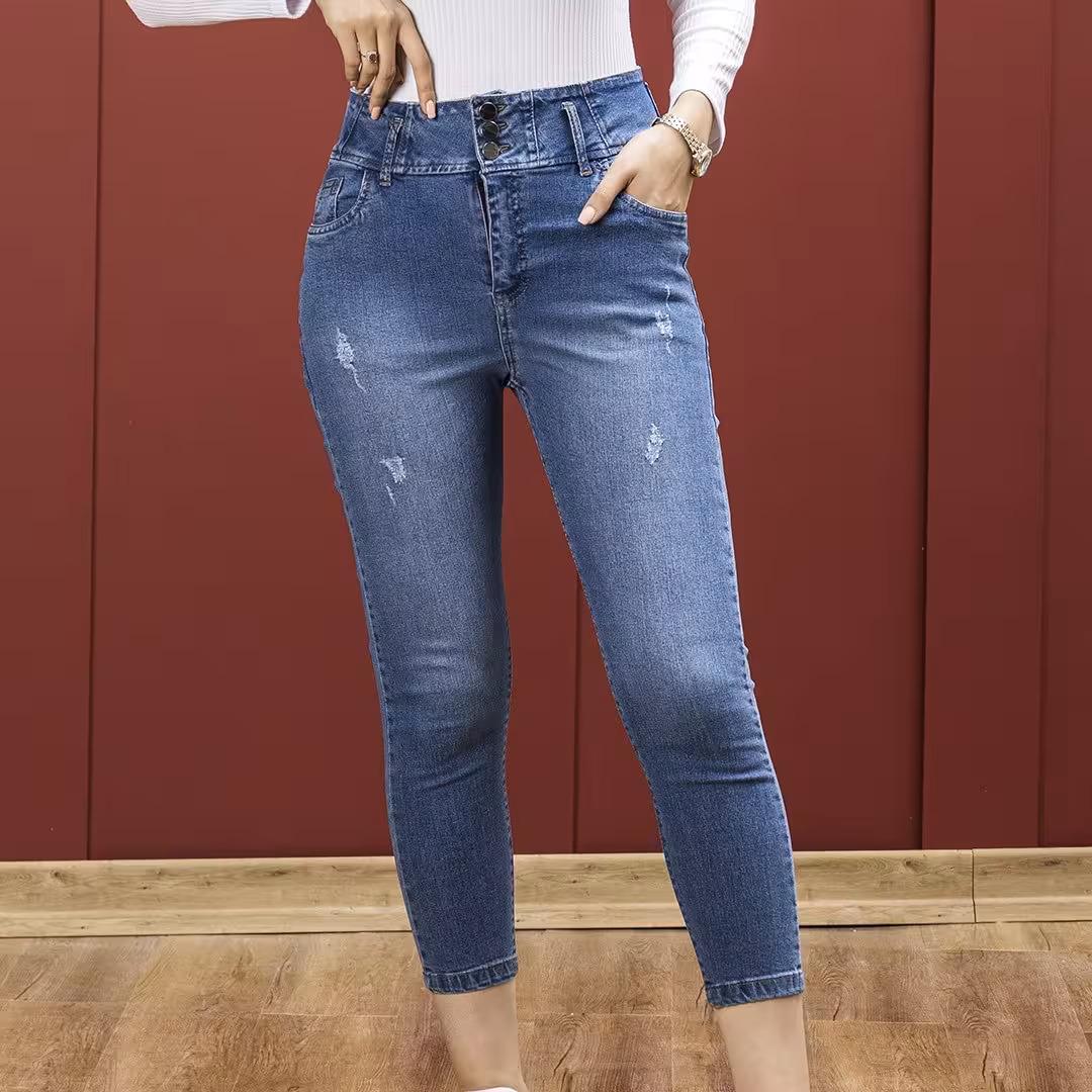 شلوار جین زنانه گن دار سایز بزرگ تک رنگ آبی کد 1010