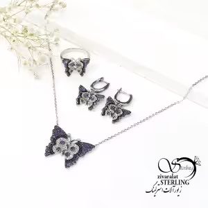 نیمست نقره زنانه طرح پروانه با نگینهای بنفش6507