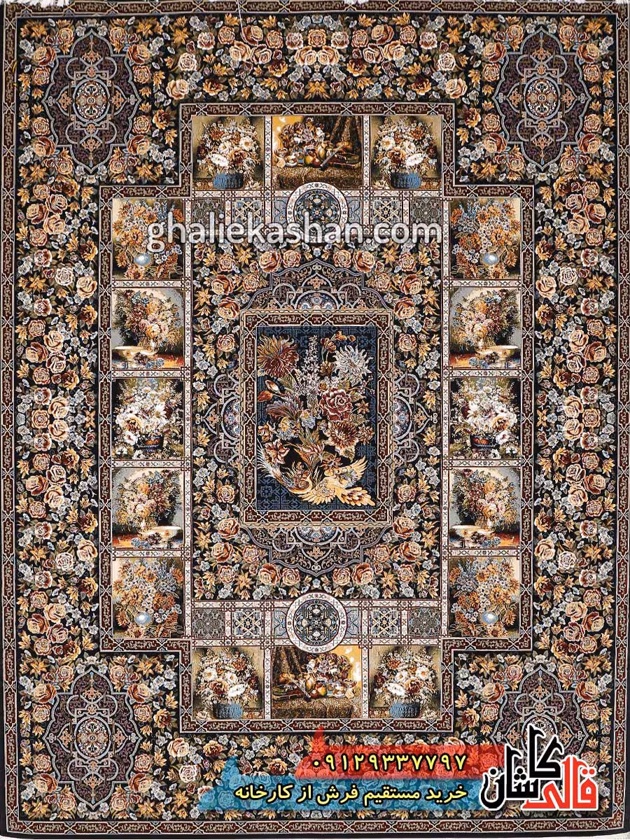 فرش 700 شانه طرح باغ ارم زمینه سرمه ای کاشان