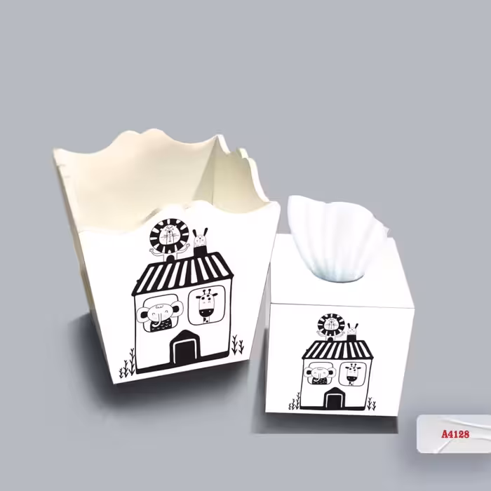 ست سطل و جا دستمال چوبی کودک طرح کلبه حیوانات کد A4128