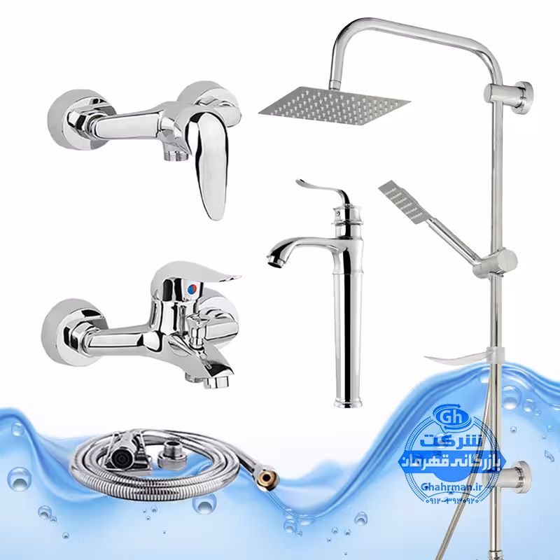 ست 5 عددی شیرآلات برند آیدا صنعت مدل قهرمان | روشویی پایه‌بلند   ظرفشویی   حمام   توالت با شلنگ   علم یونیورست رسوب‌گیر اتومات | کروم براق
