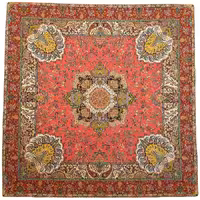 رومیزی مربع ترمه ابریشم کد TRM196 نفیس رنگ قرمز کمرنگ آستر زرشکی لبه مغزی دوزی