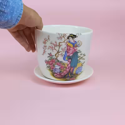 ست گلدان و زیرگلدانی سرامیکی طرح شکوفه گیلاس کد 2