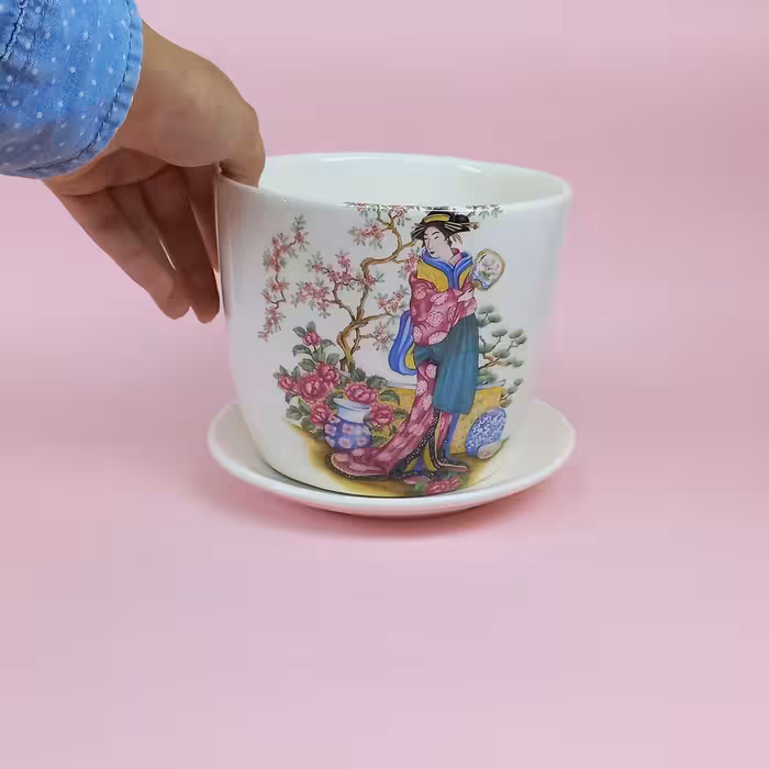 ست گلدان و زیرگلدانی سرامیکی طرح شکوفه گیلاس کد 2