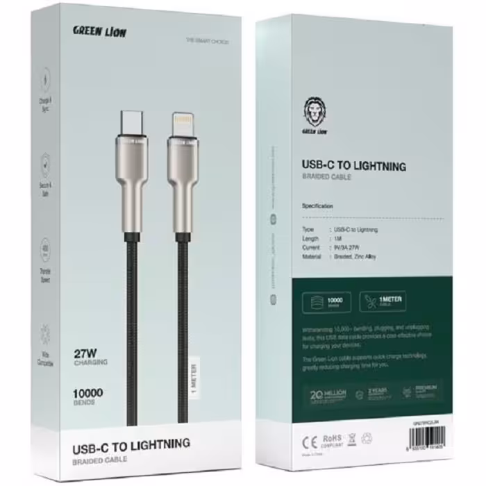 کابل بافته شده 27 وات تایپ-سی به لایتنینگ گرین لاین USB-C TO LIGHTNING BRAIDED CABLE 27W