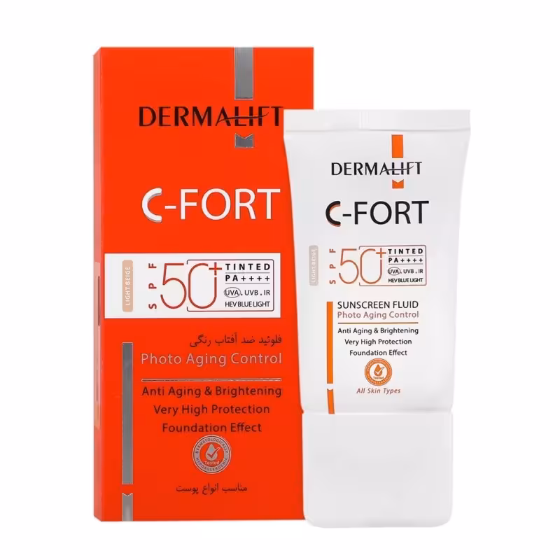 ضدآفتاب فلوئیدی درمالیفت SPF50  رنگ بژ روشن انواع پوست حاوی ویتامین C مدل C-Fort سی فوریت حجم 40 میل