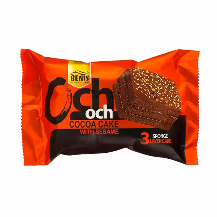 کیک اسفنجی سه لایه کاکائویی با تزیین کنجد بنیس 80 گرمی