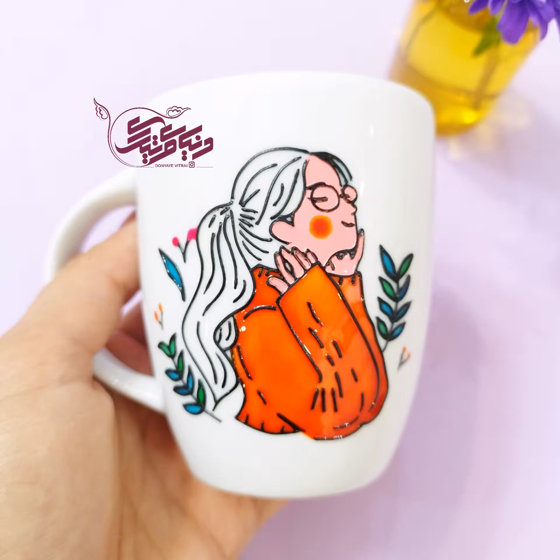 لیوان ویترای دختر نارنجی، ماگ چینی، نقاشی شده بصورت نقش برجسته و براق، مناسب برای چایی و شربت، ارسال رایگان