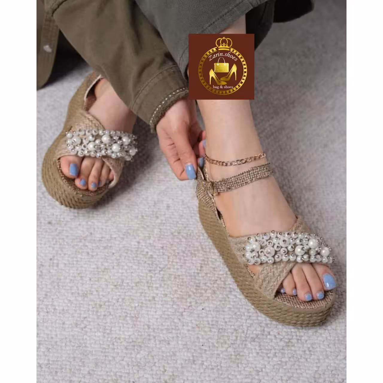 صندل لژدار کنفی مرواریدی بافتی زنانه