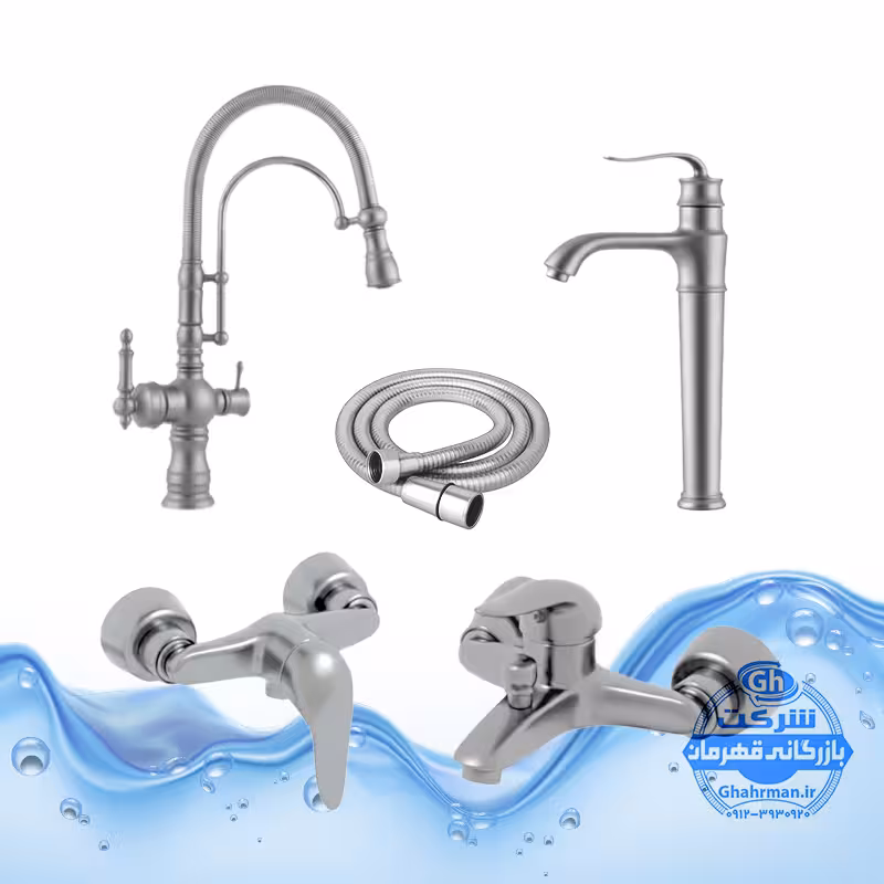 ست 5 عددی شیرآلات برند آیدا صنعت مدل قهرمان | شیر روشویی پایه‌بلند بامبو شیر ظرفشویی بیزانس دومنظوره شیر توالت شیر حمام شلنگ توالت | کروم مات