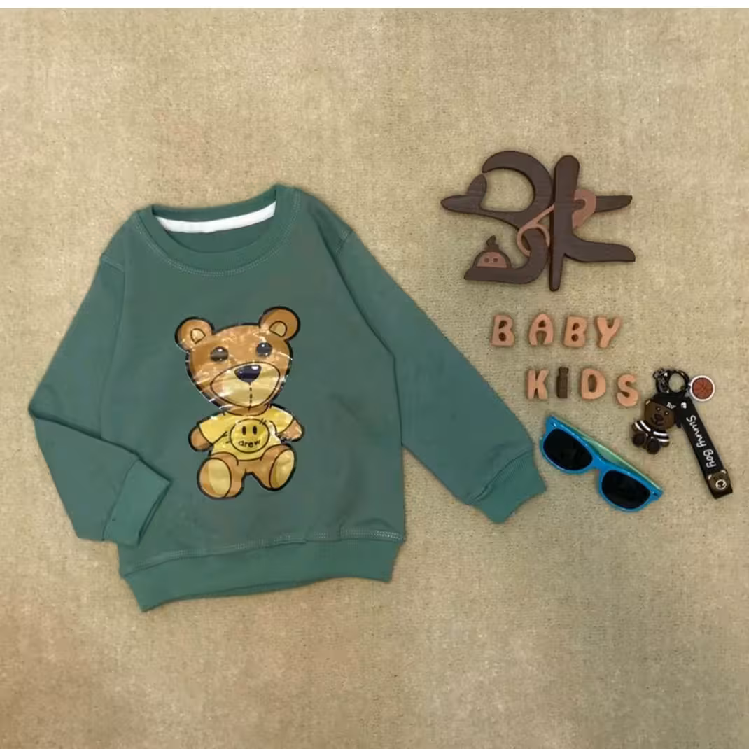 بلوز بچگانه آستین بلند پنبه دورس مناسب پاییز و بهار،بلوز پسرانه،بلوز دخترانه،بلوز خرسی سایز 35 رنگ سبز