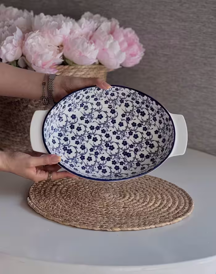تابه سرامیکی بیضی دنی هوم- سایز بزرگ طرح گل سرمه ای