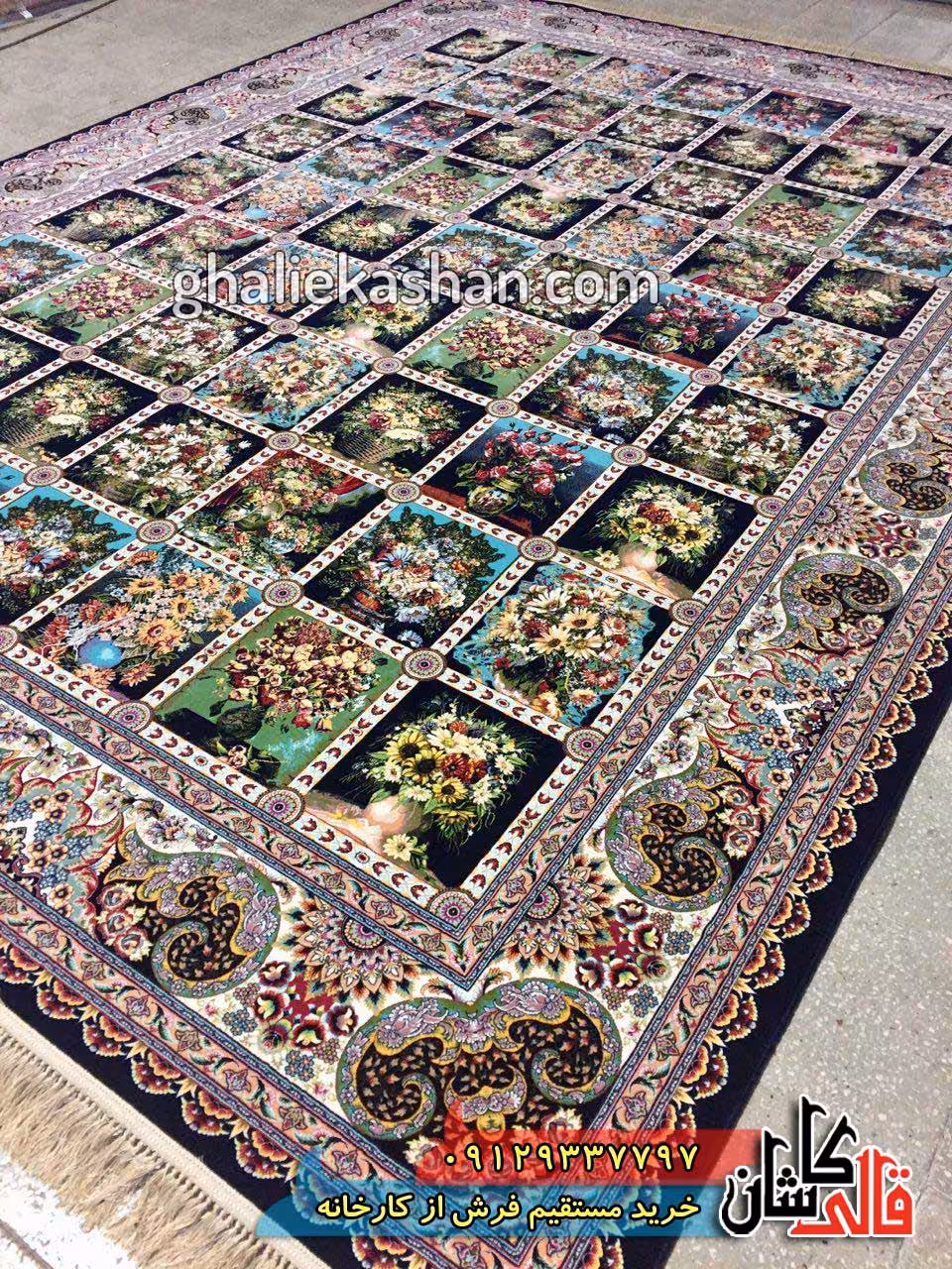 فرش 1200 شانه طرح خشتی گلدانی زمینه سرمه ای کاشان