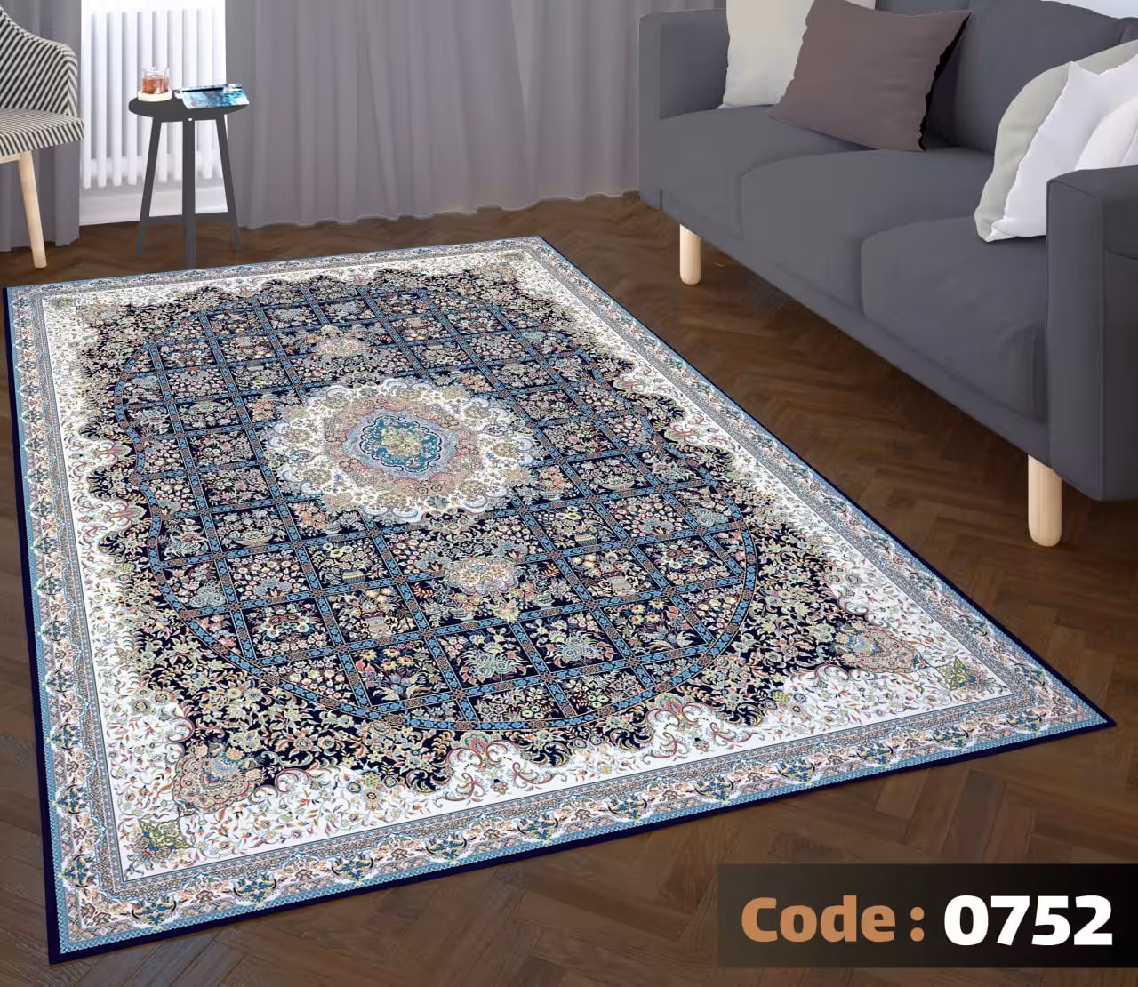 کاورفرش روفرشی دورکشدار گوشه لیفه ای لاکی ، آبی و متنوع کد 0752