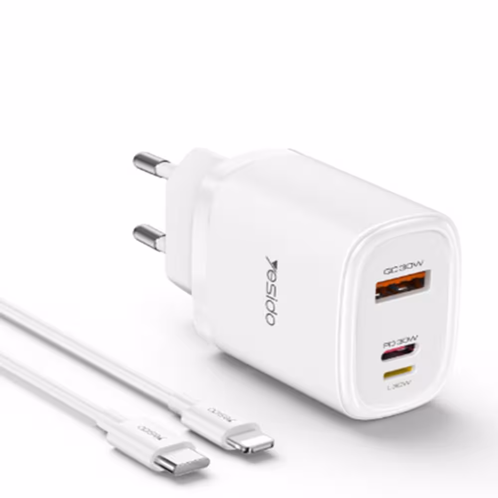 شارژر دیواری فست شارژ یسیدو YESIDO YC52  کابل TypeC/Lightning