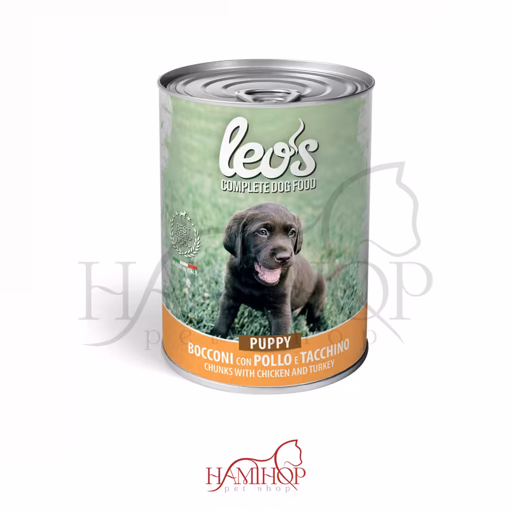 کنسرو توله سگ لئوز طعم مرغ و بوقلمون 415گرم LEO'S POLLO E TACCHINO PUPPY LATTINE BOCCONI PER CUCCIOLI 415GR
