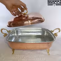 سوفله خوری مسی مستطیلی زنجان | مرغ خوری مس درب دار دسته برنجی پایه کوتاه سایز 2 قطر 26*30 | مدل کترینگ