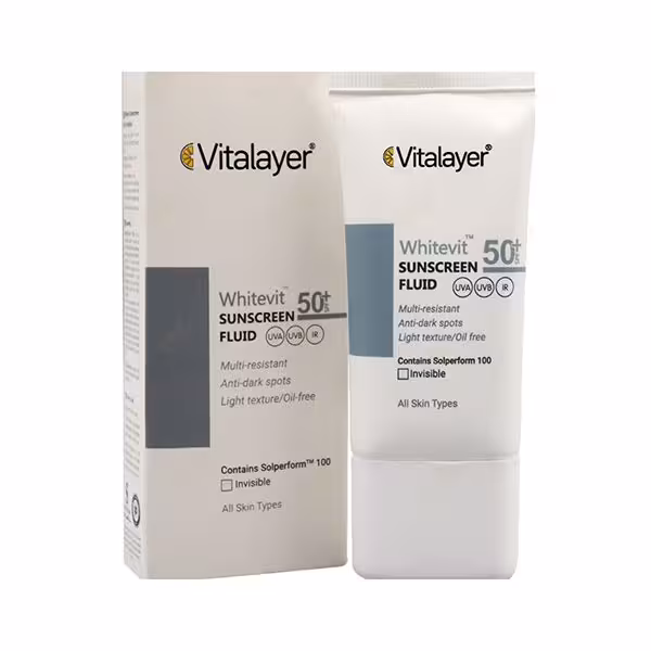 فلوئید ضد آفتاب SPF 50 ویتالیر مدل Whitevit مناسب انواع پوست کدر و دارای لک حجم 50 میلی لیتر - بی رنگ