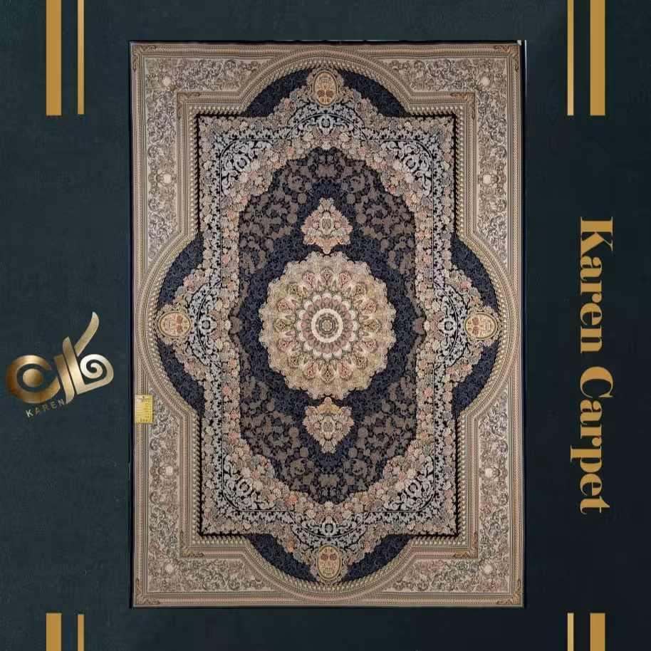 فرش 12 متری اکریلیک گلبرجسته 1500 شانه تراکم 4500 طرح گیشا سرمه ای 