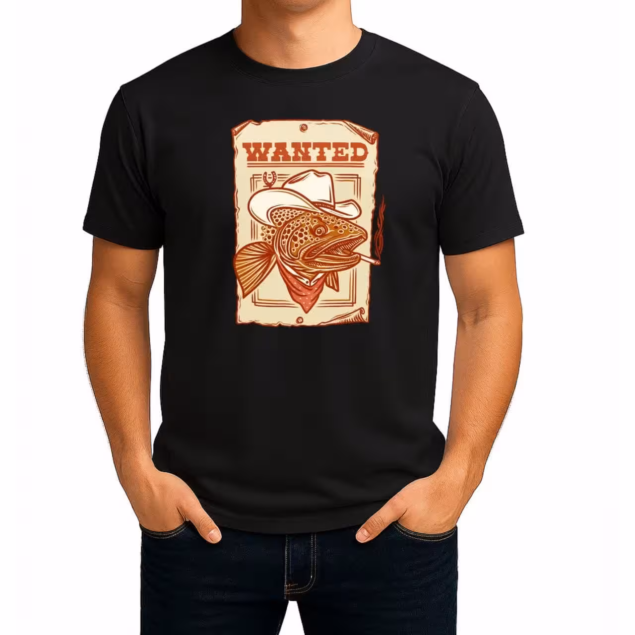 تیشرت نخی سفید و مشکی طرح Wanted Trout
