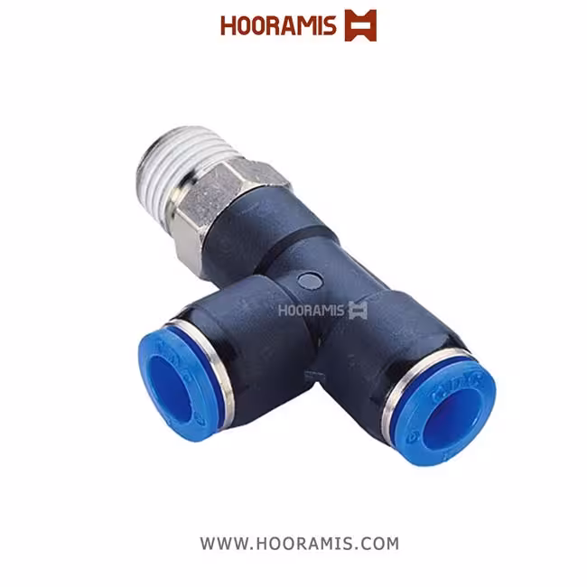 فیتینگ  سه راهی T شکل پنوماتیک کنار دنده ای نری با شلنگ خور6 میلیمتر و سایز دنده 1/4 اینچ