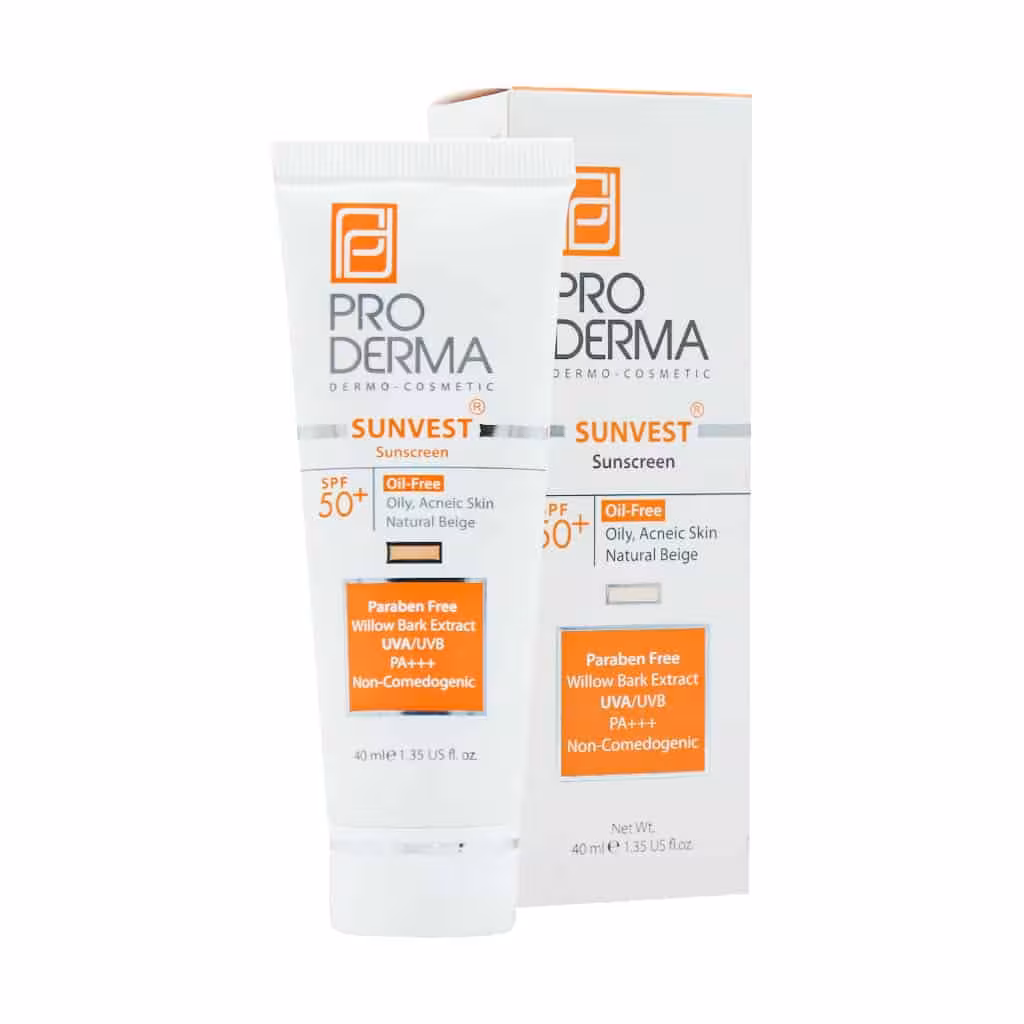 کرم ضد آفتاب فاقد چربی SPF50 پرودرما برای پوست های چرب و جوش دار بژ طبیعی 40 میلی لیتری