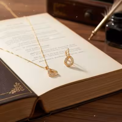 ست طلایی ظریف گوشواره گردنبند نگین‌ دار زیبا .کد N95..