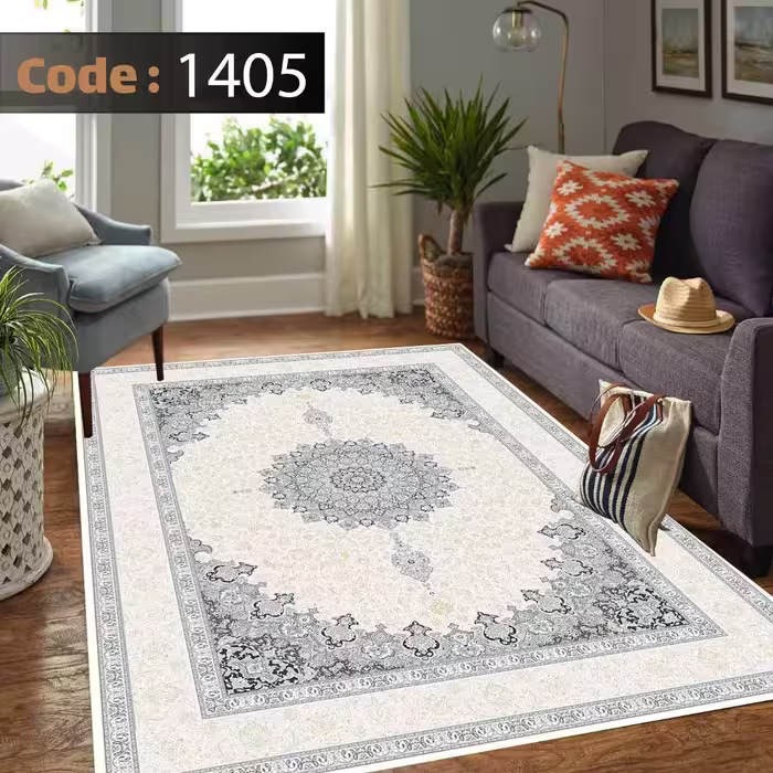 کاورفرش روفرشی دورکشدار گوشه لیفه ای طوسی کرم کد 1405