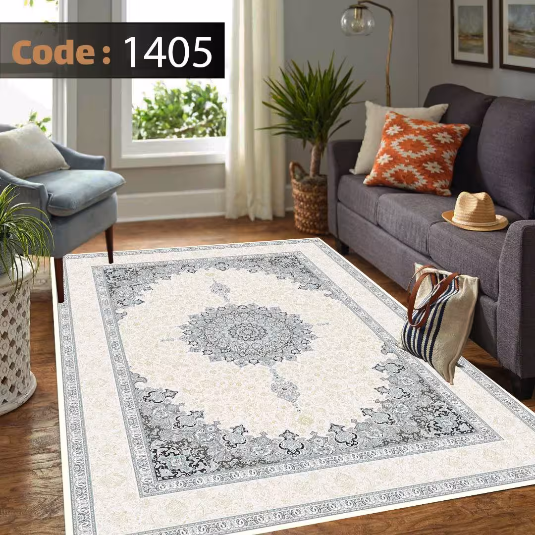 کاورفرش روفرشی دورکشدار گوشه لیفه ای طوسی کرم کد 1405