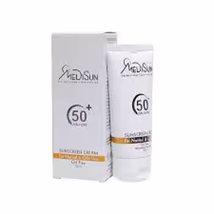 کرم ضدآفتاب مدیسان بی رنگ مناسب پوست معمولی و چرب spf50 (50میل )