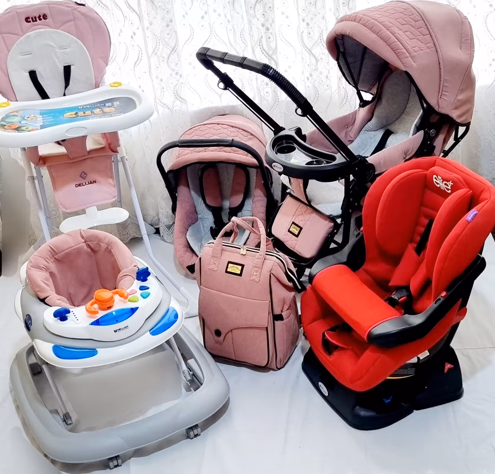 ست کالسکه ، کریر، صندلی غذا, صندلی ماشین و کوله پشتی 6تکه دلیجان دخترانه