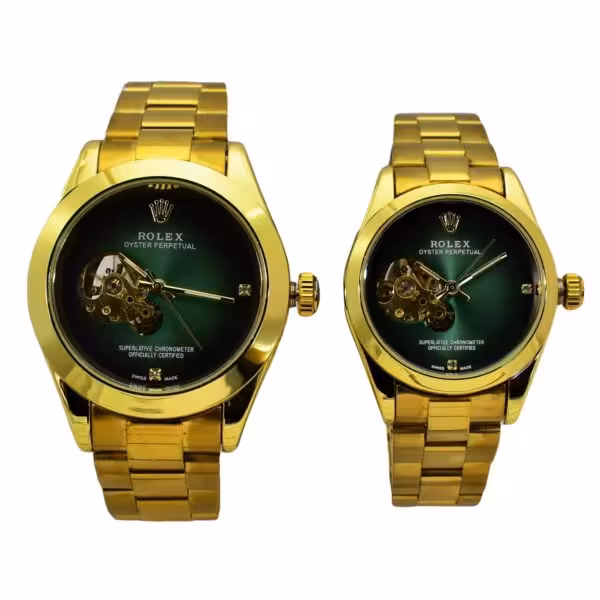 ROLEX OYSTER اتوماتیک گوکی سبز ست رولکس اویستر زنانه مردانه اتومات ** اندیکس نگین دار براق ** قاب و بند طلایی