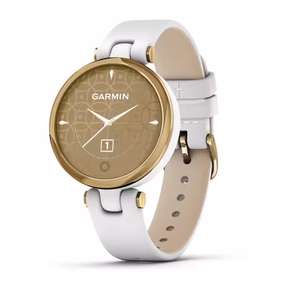 ساعت هوشمند گارمین مدل Lily Light Gold Bezel with White Case با بند چرمی