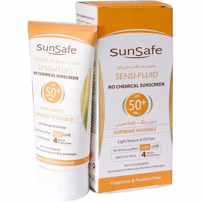 فلوئید ضد آفتاب فیزیکال SPF50 بی رنگ سان سیف مناسب پوست حساس و مستعد قرمزی حجم 50 میلی لیتر