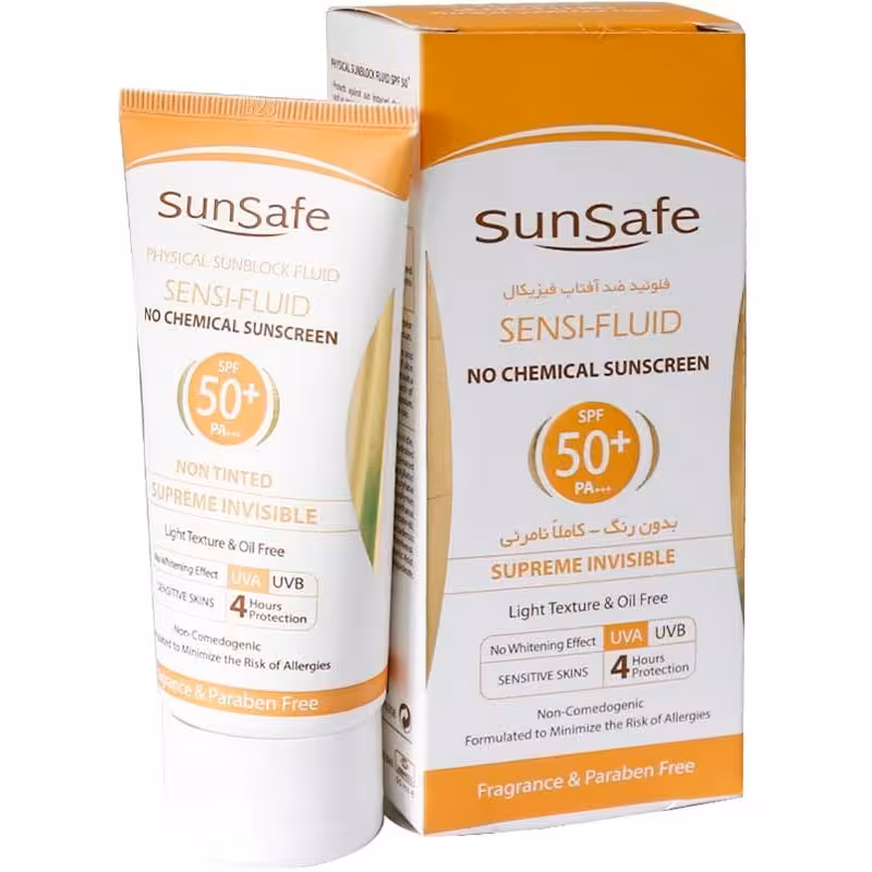 فلوئید ضد آفتاب فیزیکال SPF50 بی رنگ سان سیف مناسب پوست حساس و مستعد قرمزی حجم 50 میلی لیتر