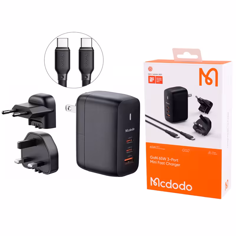 شارژر دیواری فست شارژ 3 پورت مک دودو مدل CH-844 به همراه تبدیل کابل Type-C به Type-C