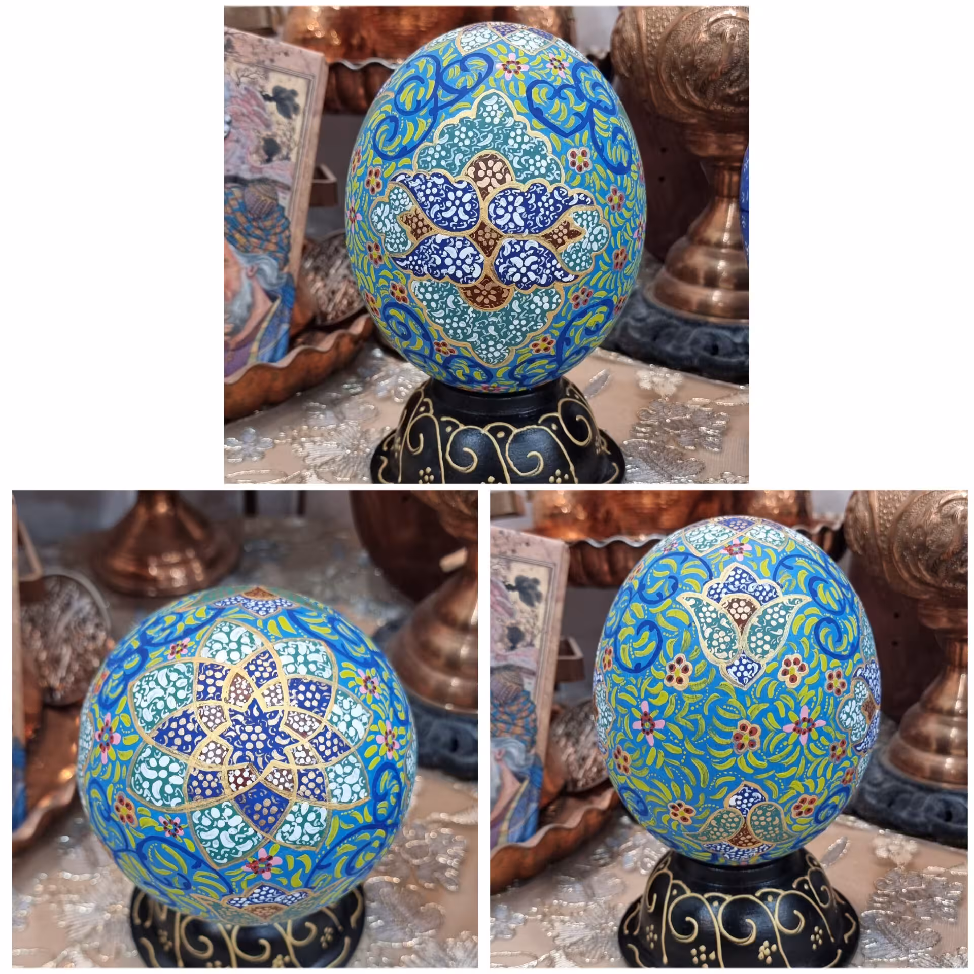 تخم شترمرغ طرح تذهیب ابی فیروزه ای (پس کرایه)