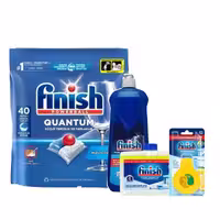 قرص ماشین ظرفشویی فینیش کوانتوم اصل بسته 40 عددی همراه مایع جلا دهنده و جرم گیر و بوگیر ظرف شویی