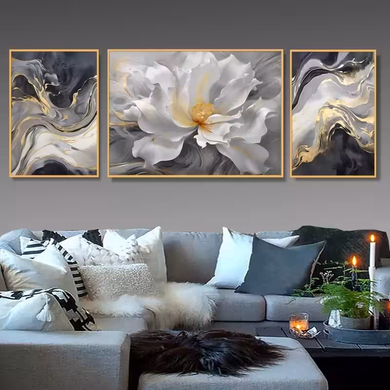 تابلو دکوراتیو آبستره گل سفید  سه تیکه نامنظم | دنیای قاب