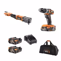 کیت دریل چکشی براش لس به همراه بکس شارژی 3/8 اینچ 18 ولت سرکج شارژی AEG مدل BSB18SBL-202C   BSS18SRA38BL-0