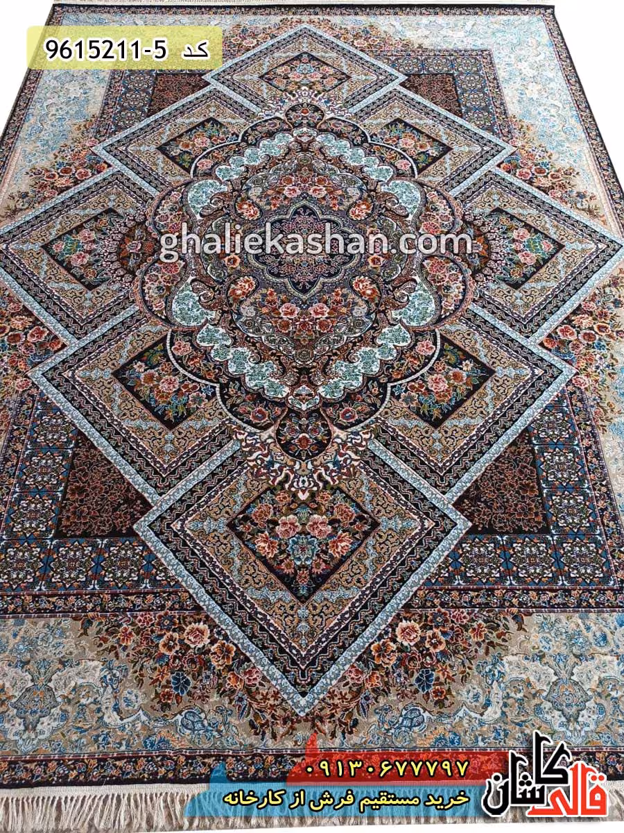 فرش طرح 700 شانه خشتی طرح آرزو زمینه سرمه ای کاشان