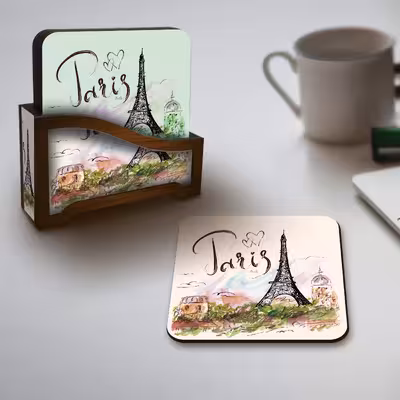 زیر لیوانی لوکسینو مدل پاریس طرح برج ایفل مجموعه 6 عددی