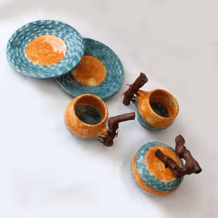 سرویس چای خوری سرامیکی 5 پارچه طرح آب و خاک مدل دستساز کد 1100