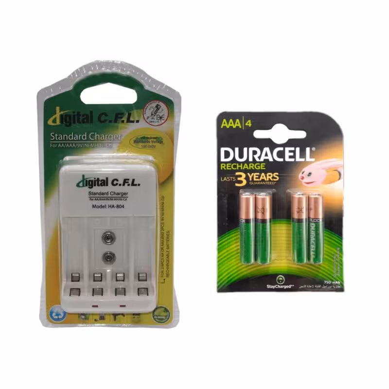 شارژر باتری سی‌اف‌ال مدل HA-804 به همراه باتری نیم قلمی قابل شارژ دوراسل 750mAh بسته 4 عددی