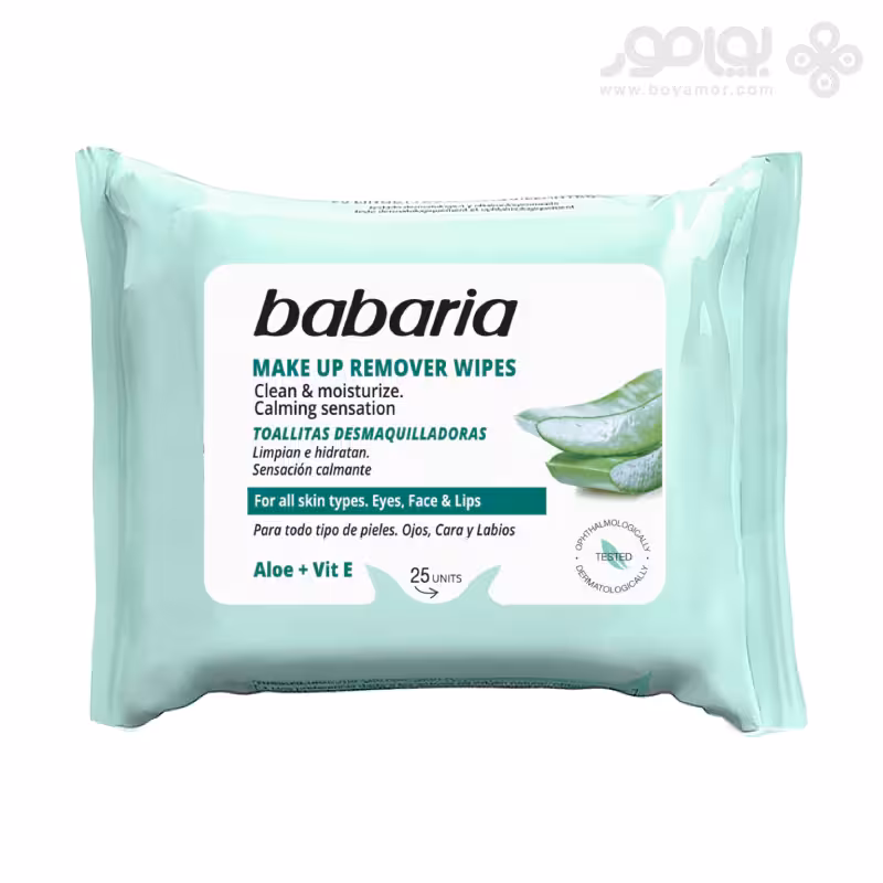 دستمال مرطوب پاک کننده آرایش باباریا حاوی عصاره آلوئه وا بسته 25 عددی