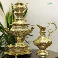 سرویس سماور زغالی برنجی دست ساز با آبکاری شبه طلا، 3.5 لیتری